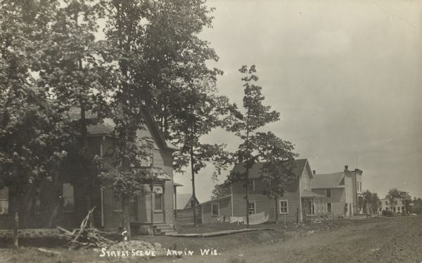 Street view of two-story residential houses and buildings. A horse-drawn wagon sitting outside a store is visible on the far right. Caption reads: "Street Scene, Arpin, Wis."