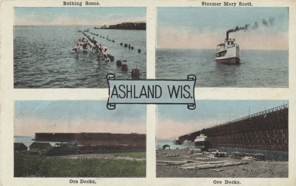 Four views near Lake Superior, including two scenes of boats and docks near the ore docks, a bathing scene showing a group of people swimming in the lake and diving from pilings, and a view of the steamer "Mary Scott."