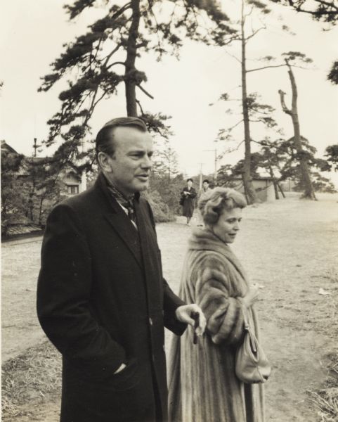 Jack Paar, comedian and host of NBC's "Tonight Show," and his wife during a visit to Japan. During their visit Paar was hosted by journalist Cecil Brown, head of the NBC bureau in Tokyo.