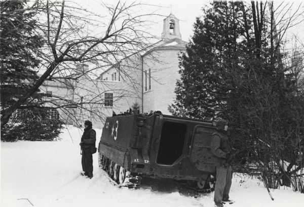 Wisconsin National Guard and an armored personnel carrier at the Alexian Brothers Novitiate at Greshman during the Menominee seizure of the building.