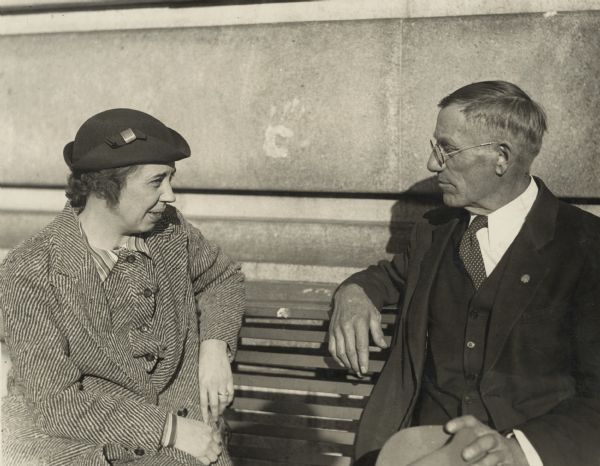 George A. Nelson, the Socialist candidate for governor of Wisconsin in the 1934 election, is seated with Anna Mae Davis, a Madison attorney and a local leader in the Socialist Party. Beginning in 1942 she was a perennial candidate for Attorney General on the Wisconsin Socialist ticket.