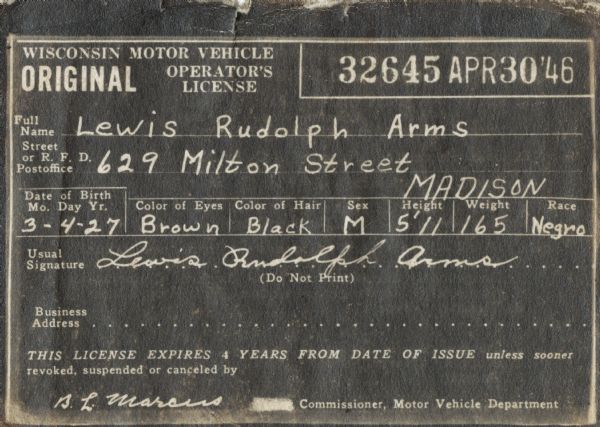 Lewis Arms's Wisconsin driver's license. This view of the document is in the negative.
