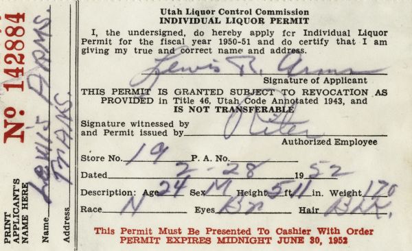 A liquor permit issued to Lewis Arms in the state of Utah at the age of 24.