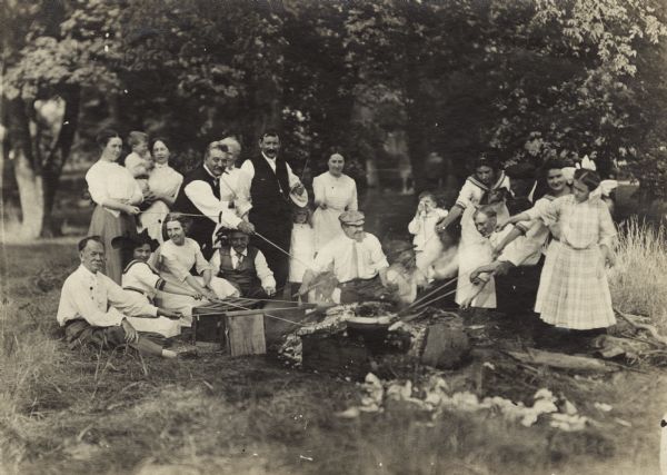 The Benedict Goldenberger family enjoying a wurst roast in the Madison vicinity. Ben Goldenberger is the leftmost standing man, he was a cooper and vinegar-maker. The Goldenberger family came to Madison in the 1850s. 