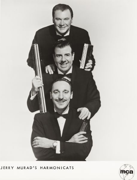 The Harmonicats were a popular jazz harmonica trio, originally known as the Harmonica Madcats, that was formed in 1944. The original musicians were Murad (bottom) and Al Fiore (middle) of Chicago, and Don Les from Cleveland. The group experienced long popularity, but their biggest hit, "Peg Of My Heart" came in 1947.
