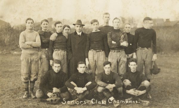 The Madison Central High School class championship team, about 1910-1912. Only Ben Bergor (Goldeberger), seated on the left, has been identified Caption reads: "Seniors -- Class Champions."