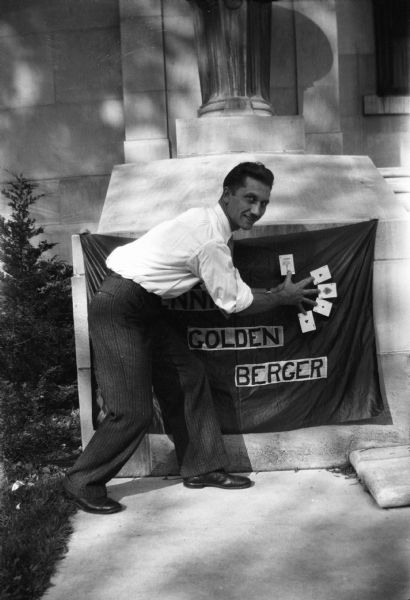 Outdoor portrait of Madison magician Ben Bergor, who performed as Bennie Golden Berger during the early years of his career. He billed himself as the fastest hands in the business.