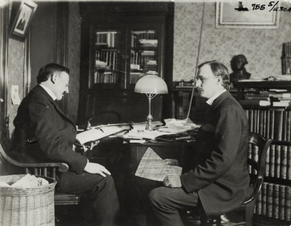 Victor L. Berger and Frederick Heath in Berger's room on Reed Street near Greenfield Avenue. Victor Berger was a founding member of the Socialist Party of America.