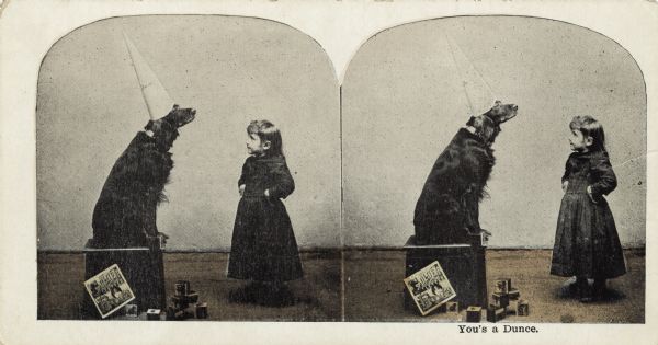 Stereograph of a black dog sitting on a box wearing a dunce's cap. A young girl has her hands on her hips and is regarding the dog with an exasperated look on her face. A "Golden Letter Book" leans against the box and blocks are piled on the floor. The caption "You's a Dunce" appears under the right side image.