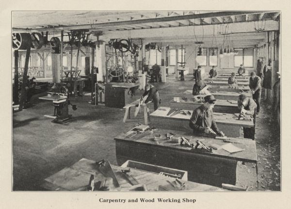 Students at work in the carpentry and woodworking shop at the Milwaukee School of Trades.