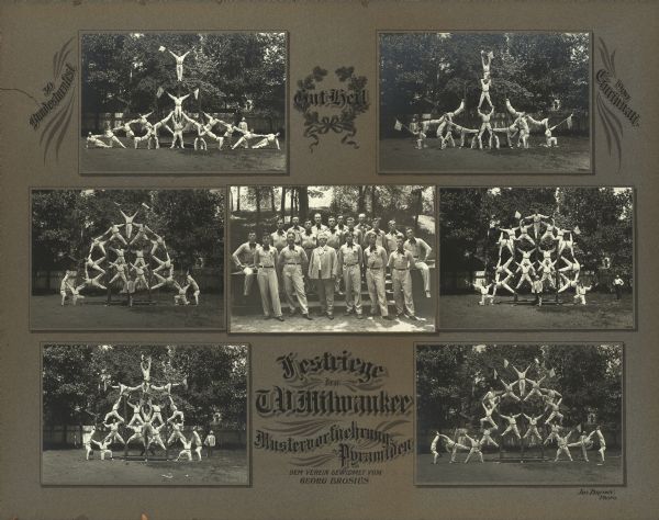 Six group portraits of men in human pyramid formations using ladders and one group portrait of men posing as a group at the 30th National Turnerfest in Cincinnati. The portraits were taken outdoors and are dedicated to Georg Brosius. Mounted on a decorative mat.