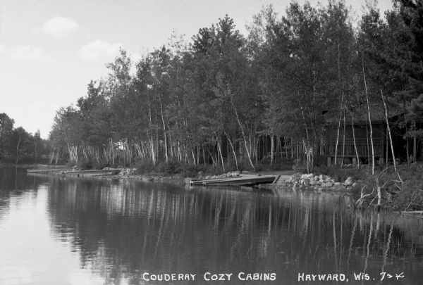 View from lake of cabins in northern Wisconsin forest, with boat docks along the shoreline.