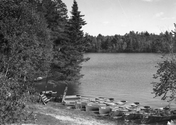 View towards shoreline of nine wooden rowboats pulled up on shore.  "Hanson's" is stenciled on the bows. A low bench looks out over the tree-lined lake.