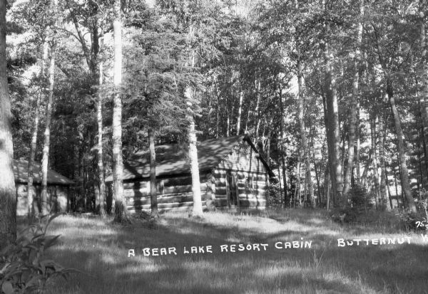 A log cabin and another building situated in the woods next to Bear Lake.