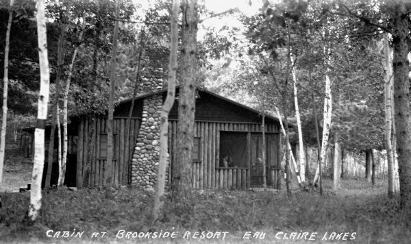 Exterior view of people sitting inside the screen porch of a log cabin in the woods near Eau Claire Lakes.