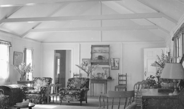 Living room of a northern Wisconsin resort in southwestern Bayfield County, possibly Haagensen's Lodge on Middle Eau Claire Lake.