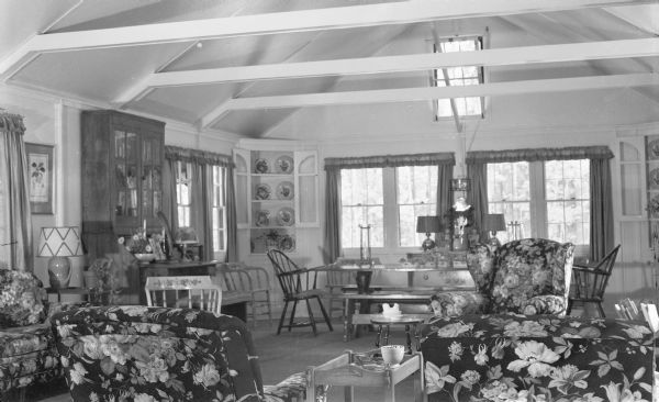 Living room of a resort in southwestern Bayfield County in northern Wisconsin, possibly Haagensen's Lodge on the Eau Claire Lakes.