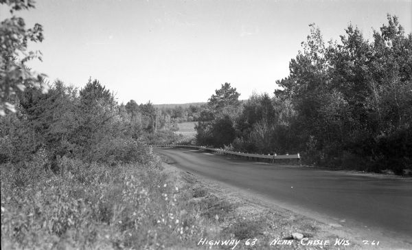 Guardrail along Highway 63, bordered with dense vegetation.