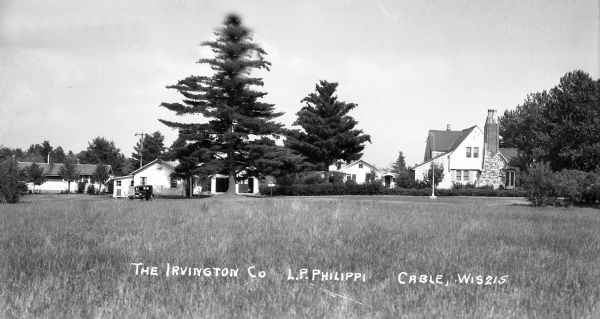 View across field of four dwellings and a two-car garage located amongst very large pine trees. There are newly planted deciduous trees and hedges.