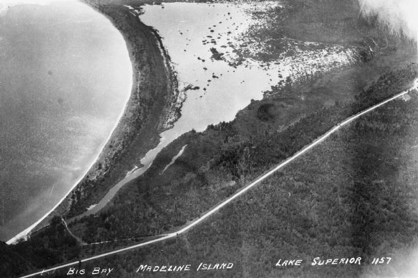 Aerial view of Big Bay on Madeline Island. This area later became Big Bay State Park.