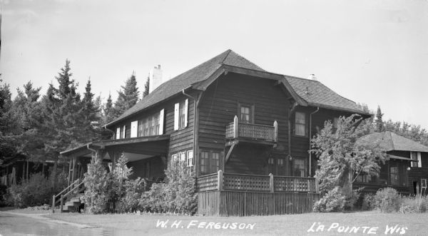 Bavarian style cedar shake-sided summer home built in 1916 on Nebraska Row on Madeline Island. W.H. Ferguson was from Beatrice, Nebraska and was co-founder of Beatrice Creamery which eventually became Beatrice Foods.