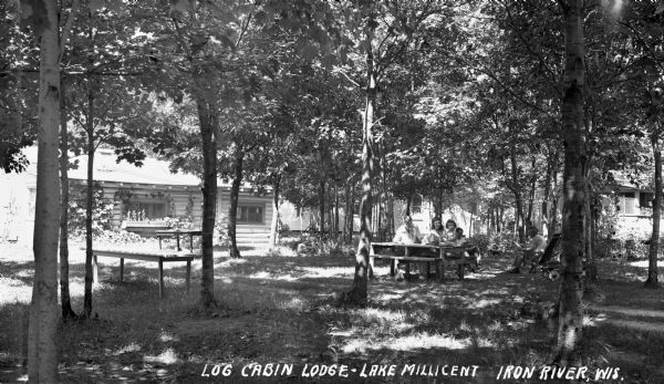 Three men, one woman and one child sit on lawn chairs and at a picnic table outside under the trees at Log Cabin Lodge on Lake Millicent.  Three cabins are visible in the background, including one log cabin on the left.