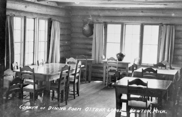 Interior view of a corner of the dining room at Ottawa Lodge in the U.P. Visible are the log walls, wood tables and chairs, windows with curtains and a deer head on the wall.