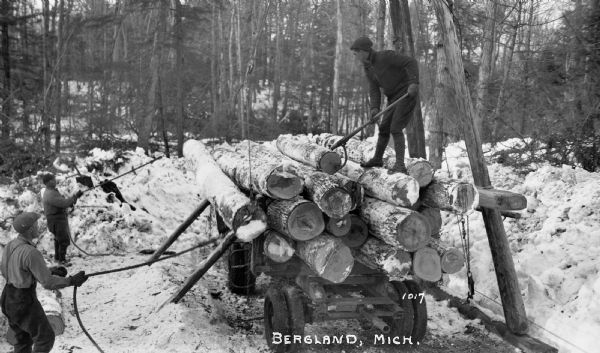 Three men loading up a logging truck with timber. Two of the men are standing on the ground using pulley's, and the third man is on top of the trailer with a peavey pole. The men are all wearing hats, and there is snow on the ground in the forest.