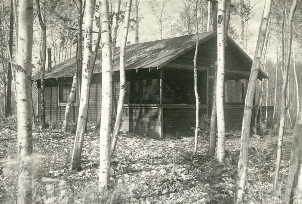 Exterior view of a cottage with a front porch surrounded by small trees, part of the Nature Lovers Paradise on Jackson Lake near Grand View. Text under the photograph says, "The BALSMS – Some resorts have their ground all parked out with lawn grass; and instead of thinking you are in the north woods you think you are in some city park. Not so with ours. We just cleaned the brush away enough to permit walking, and left it just as nature provided it – there are plenty of rocks, stumps, logs, etc. left so a person cant walk around with their eyes shut --- but if you want the wild life you can't get it living on a golf green."<p>Located within the Chequamegon National Forest, Jackson Lake is a 142-acre drainage lake with a navigable outlet channel to Namakagon Lake – which is a 3,227 acre drainage lake at the headwaters of the Namakagon River in Bayfield County.</p>