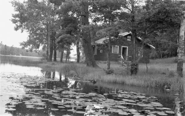 View across water of a one-story wood cabin on the shoreline of a lake. There are plants and trees on shore. In the foreground are lily pads, and the image is labeled as a great wetland habitat.