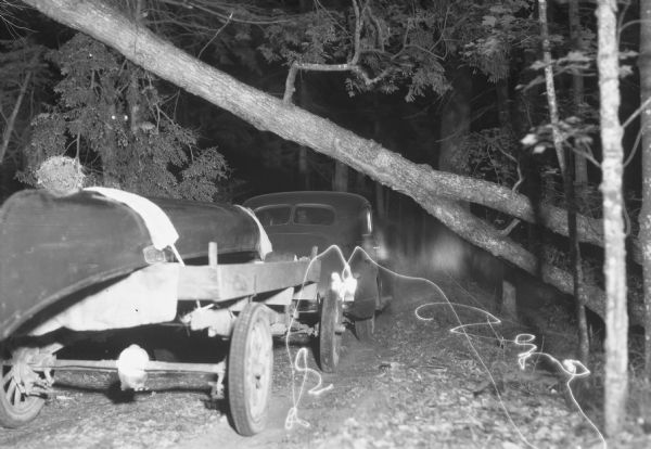 Night view of an automobile pulling a trailer with a canoe on a dirt road through the forest. A fallen tree trunk is leaning at an angle on another tree just above the automobile.