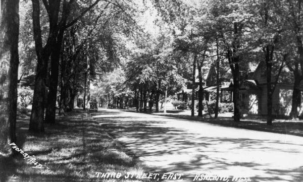 View looking down Third Street East. There are large trees lining both sides of the street. One automobile is parked along the curb on the left, and a few homes are between trees along the right.