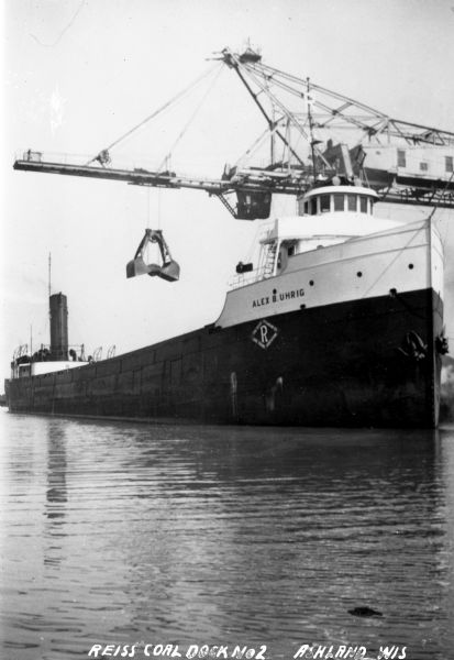View of the ship "Alex B. Uhrig" in the process of coal unloading on the Reiss Coal Dock No. 2.