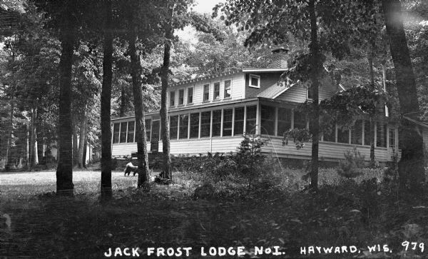 Exterior view through trees of the Jack Frost Lodge No. 1 on Round Lake. Three-quarter length view of the two-story building with a wraparound porch on the ground level and one brick chimney. There is a dog on the lawn near the porch.