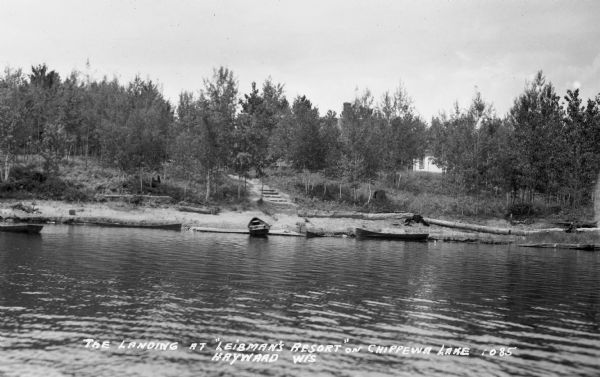 View across lake of wooden boats at the landing of Leibman's Resort on Chippewa Lake. On shore are many trees, stairs and a path leading away from the lake, and two buildings are visible through the trees.