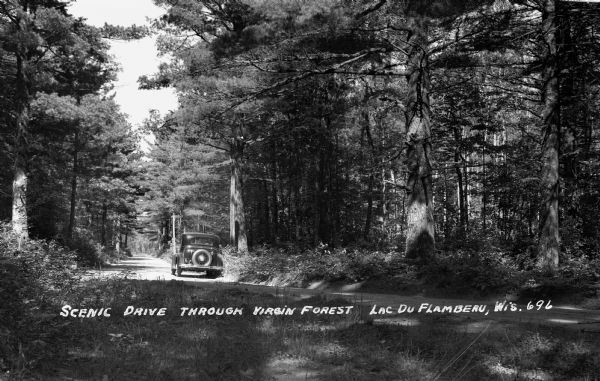 View of an automobile parked along the side of the road during a scenic drive through virgin forest near Lac du Flambeau.