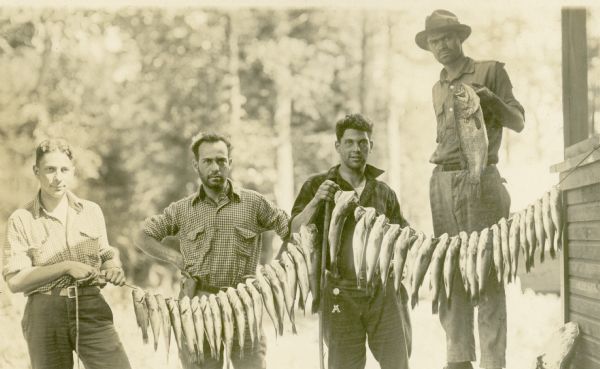 Group portrait of four men outdoors holding two lines of fish they caught at Nature Lovers Paradise resort located on Jackson Lake near Grand View.<p>Located within the Chequamegon National Forest, Jackson Lake is a 142-acre drainage lake with a navigable outlet channel to Namakagon Lake – which is a 3,227 acre drainage lake at the headwaters of the Namakagon River in Bayfield County, Wisconsin.</p>
