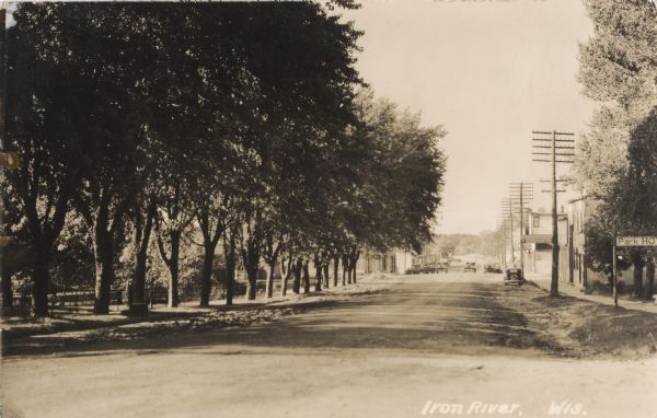 View looking down middle of street, with a row of trees along the sidewalk on the left, and on the right utility poles, and a sign for the Park Hotel. In the background further down the street are automobiles, buildings and shops.