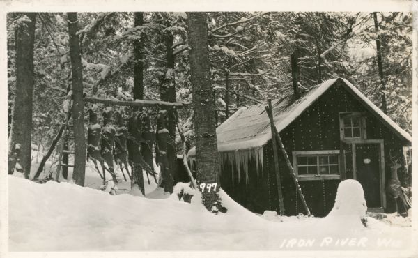 Exterior view of hunting camp in the snow. Six bucks are hanging from a tree trunk propped between two trees on the left. Icicles hang off the edge of the roof of the hunting shack. A seventh buck is leaned up against wall near the door.