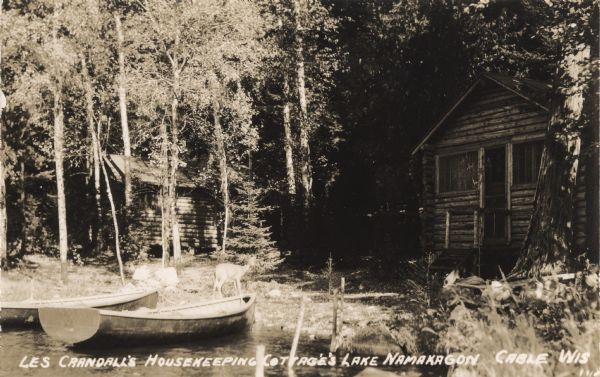 View from water towards shoreline of two boats at Les Crandall's Housekeeping Cottages on Lake Namakagon tied up in front of two log cabins. A deer (not known if it is real or a statue) stands on shore near the boats.