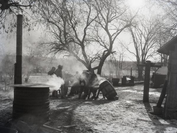 Farmers prepare a hog for slaughter. A group of farmers stand around hog on a long table outdoors. Smoke and steam billow from a stove in the foreground and a wooden barrel leans against the table.