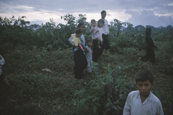 Women and children survivors of a Viet Cong attack on the village of Vinh Quoi walk through an open area with bushes and grass.