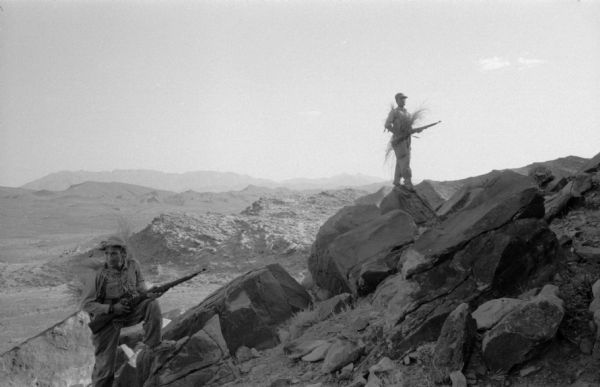 Two Algerian members of the National Liberation Front standing on rocks wearing long grass as camouflage and holding rifles in the Algerian desert. There are mountains in the background.