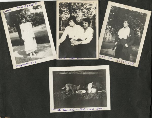 A page from a family photo album compiled and captioned by Andrew Webb Jr., with three images of his mother, Caroline Webb, and an image of two cats.