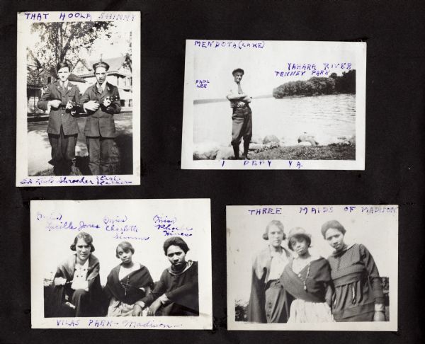 A page from the Webb family album, compiled and captioned by Andrew Webb Jr., son of Caroline Webb, with four images of family friends, including two young men playing ukeleles, a man standing by Lake Mendota, and a group of three women.