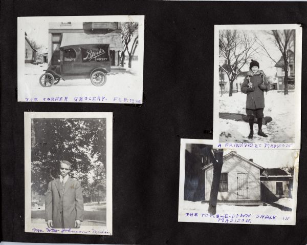 A page from the Webb family album, compiled and captioned by Andrew Webb Jr., son of Caroline Webb, with two images of friends, an image of the corner grocery, and a house.