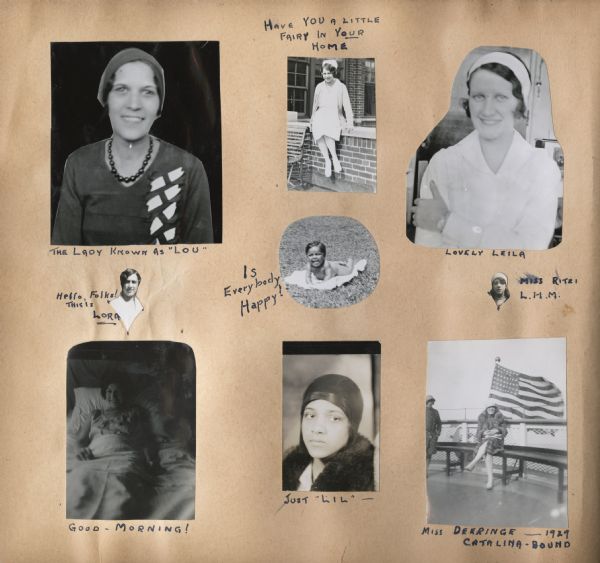 A page from a scrapbook created by Andrew Webb Jr. when he was a patient at the Chicago Municipal Tuberculosis Sanitarium from 1931-1934, with images of staff and other patients.