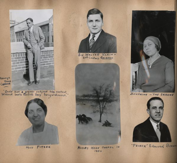 A page from a scrapbook created by Andrew Webb Jr. when he was a patient at the Chicago Municipal Tuberculosis Sanitarium from 1931-1934, with images of other patients, a staff member [?], and horses working in the snow.