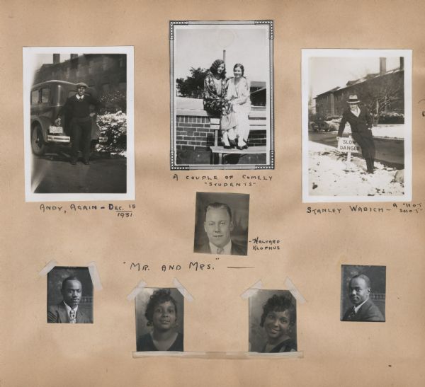 A page from a scrapbook created by Andrew Webb Jr. when he was a patient at the Chicago Municipal Tuberculosis Sanitarium from 1931-1934, with images of Andrew Webb and friends.
