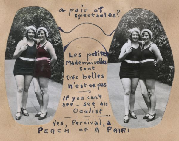 Two identical cut-out images (one accented with red coloring) of two women in bathing suits and caps posing on a path surrounded by foliage, from a scrapbook created and captioned by Andrew Webb Jr.